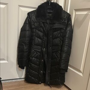 French Connection Black Puffer Jacket with Fur Collar